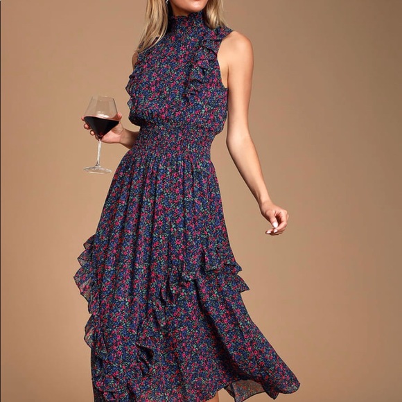 NWT Lulu’s Evalina Navy Blue Floral Print Mock Neck Midi Dress - Picture 1 of 3